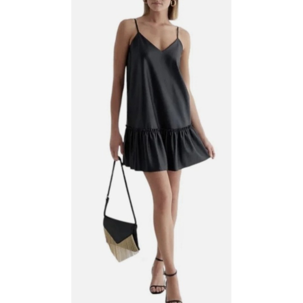 Express Black Faux Leather Drop Waist Ruffle Hem Mini Slip Dress Medium NWT